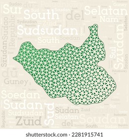 South Sudan map design. Country names in different languages and map shape with geometric low poly triangles. Modern vector illustration of South Sudan.