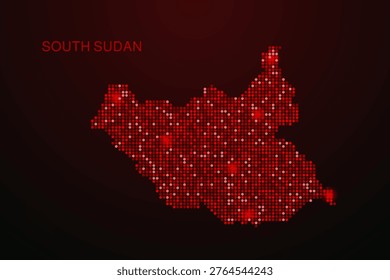 South Sudan Map - Digital dotted map with glowing red points on dark background, modern technology style, abstract data network design, clean minimal vector illustration.