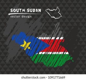 South Sudan map with flag inside on the black background. Chalk sketch vector illustration