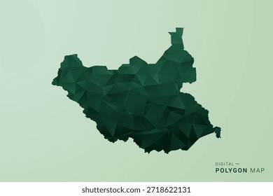 Südsudan-Karte - Vektorgrafik im Stil eines grünen Polygons, geometrisches Design mit niedrigem Poly und sauberer Silhouette auf weichgrünem Hintergrund.