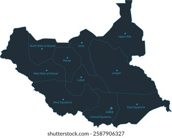 South Sudan map high detailed with administrative divide by state, capital cities names, outline simplicity style. Vector illustration EPS10.