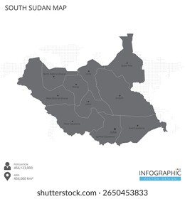 Mapa do Sudão do Sul altamente detalhado com regiões e cidades do país sobre fundo branco. Ilustração vetorial EPS10.