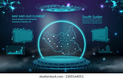 fondo del efecto de conexión de la luz del mapa del sur de Sudán. interfaz de usuario de tecnología digital abstracta, GUI, interfaz virtual HUD futurista con mapa de Sudán del Sur. Estadio futurista podio en niebla.