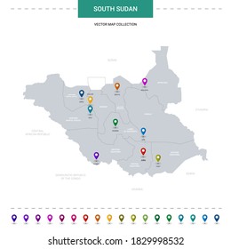 Mapa de Sudán del Sur con marcas de puntero de ubicación. Plantilla vectorial infográfica, aislada en fondo blanco. 