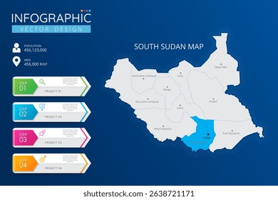 South Sudan map with location pointer marks. High detailed country map with division, cities and capital infographic template. Vector illustration EPS10