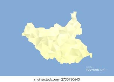 Mapa de Sudán del Sur en estilo de Vector de polígono bajo, ilustración de forma geométrica con tonos amarillos suaves sobre fondo azul, silueta limpia para infografía.