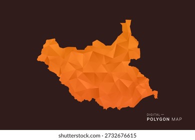 Mapa de Sudán del Sur: Vector de polígono bajo, silueta triangulada geométrica en tonos naranja y marrón oscuro, estilo infográfico moderno limpio, fondo aislado.