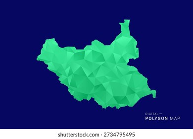Mapa de Sudán del Sur: Vector de polígono bajo, silueta triangulada geométrica en tonos verdes y azules, estilo moderno limpio, fondo aislado para uso infográfico.