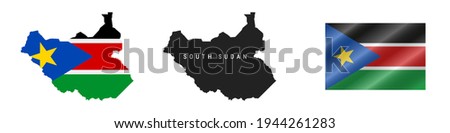 South Sudan. Map with masked flag. Detailed silhouette. Waving flag. Vector illustration isolated on white.