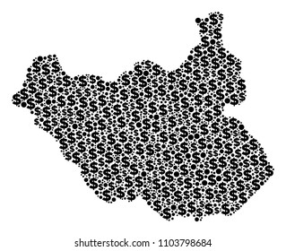 South Sudan map mosaic of money signs and sphere points in variable sizes. Abstract vector wealth and GDP South Sudan map.