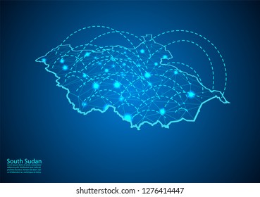 south Sudan map with nodes linked by lines. concept of global communication and business. Dark south Sudan map created from white dots with travel locations or internet connection.