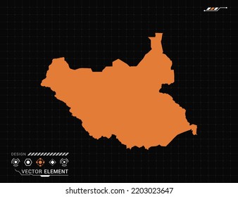 Südsudan-Karte des orangefarbenen digitalen Rahmens HUD, GUI, UI-Interface-Technologie Radarvektorgrafik.
