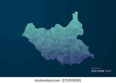 Mapa de Sudán del Sur: Ilustración vectorial de estilo polígono con degradado azul azulado, diseño geométrico de bajo contenido de polietileno, inspirado en la Tecnología digital y silueta limpia sobre fondo oscuro.