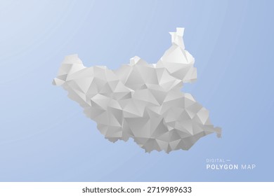 Mapa de Sudán del Sur - Ilustración vectorial de estilo polígono en tonos grises, blancos y azules, diseño geométrico de bajo poli, silueta mínima, adecuada para infografía y diseño moderno.