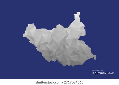 Mapa de Sudán del Sur - Ilustración vectorial de estilo de mapa blanco y negro polígono, diseño geométrico de bajo poli, aislado sobre fondo azul.