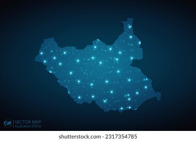 South Sudan map radial dotted pattern in futuristic style, design blue circle glowing outline made of stars. concept of communication on dark blue background. Vector EPS10