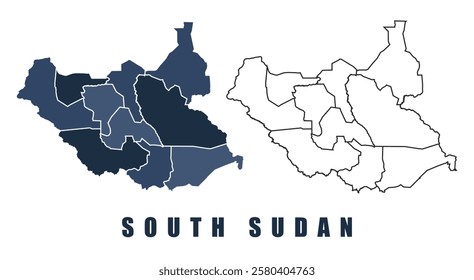 South Sudan map regions border outline vector set