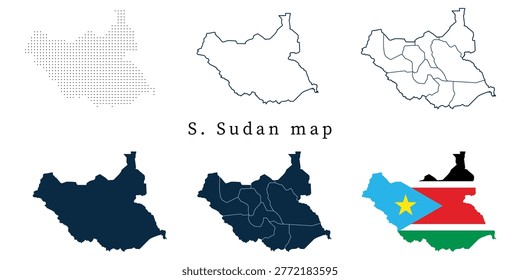 South Sudan Map Set - Vector Outline, Silhouette, Flag and Administrative States
