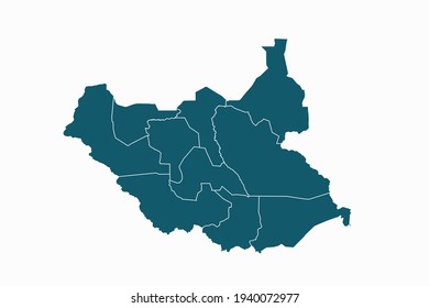Mapa vectorial de Sudán del Sur. color azul sobre fondo blanco.
