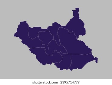 Mapa vectorial de Sudán del Sur, color azul púrpura aislado en fondo gris.