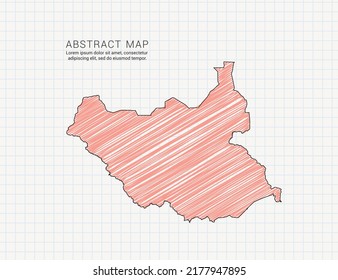 South Sudan map of vector color silhouette chaotic hand drawn scribble sketch on grid paper.