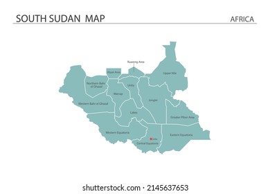 South Sudan Map Vector Illustration On White Background. Map Have All Province And Mark The Capital City Of South Sudan. 
