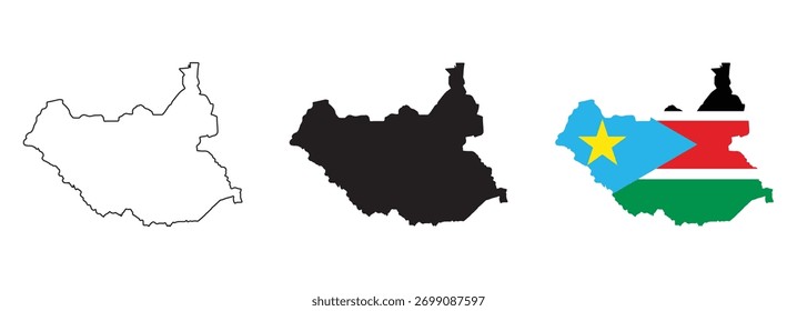 Mapa do Sudão do Sul vetor conjunto com o contorno do país editável silhueta preta e bandeira nacional com preto vermelho verde azul amarelo listras brancas e estrela para projetos de geografia e educação