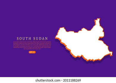 Mapa de Sudán del Sur - Plantilla de vector de mapa mundial con estilo isométrico que incluye sombra, color blanco y naranja sobre fondo morado - Ilustración vectorial eps 10