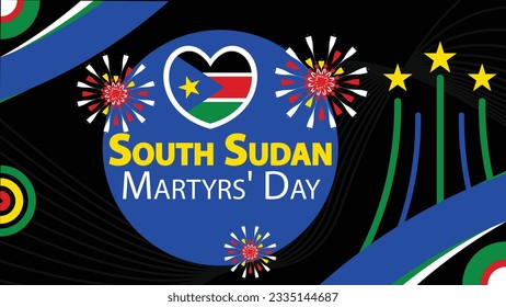 South Sudan Martyrs' Day banner vector design. South Sudan flag theme illustration with geometric shapes, fireworks, stars and typography. South Sudan Martyrs' Day modern graphic poster.