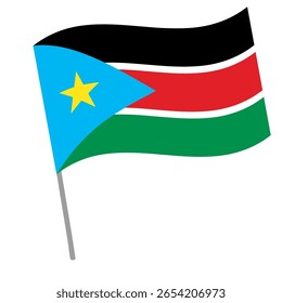 South Sudan national flag flutters with flagpole