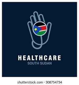 South Sudan National Flag On Stethoscope - Health Care Logo - Medical Logo - Specialist Doctors In Country - Hospital Clinic Logo - Helping Hand Logo - Charity Help Vector Illustration