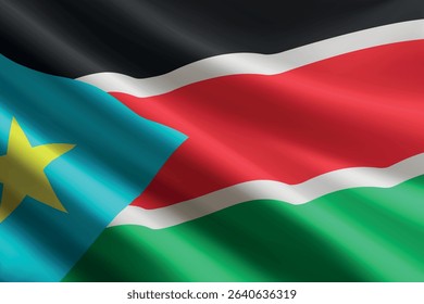 South Sudan national flag waving in the wind, realistic detailed silk texture