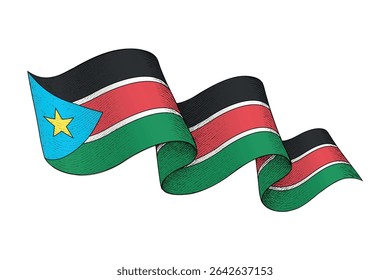 South Sudan national flag waving ribbon shape with engraved vintage texture