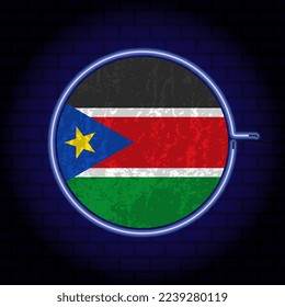 South Sudan neon grunge flag on wall backgrond. Vector illustration.