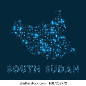 South Sudan network map. Abstract geometric map of the country. Internet connections and telecommunication design. Superb vector illustration.