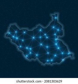 South Sudan network map. Abstract geometric map of the country. Digital connections and telecommunication design. Glowing internet network. Superb vector illustration.