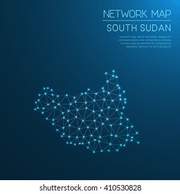 South Sudan network map. Abstract polygonal South Sudan network map design with glowing dots and lines. Map of South Sudan networks. Vector illustration.