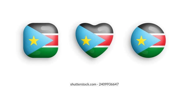 South Sudan Official National Flag 3D Vector Glossy Icons In Rounded Square, Heart And Circle Form Isolated On White. Sudanese Sign And Symbols Graphic Design Elements Volumetric Buttons Collection