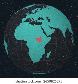 South Sudan on Globe. Vintage look with grunge scratched texture. Country view on world map in Dark Charcoal Turquoise color palette. South Sudan shape on map. Globe with meridians and parallels.