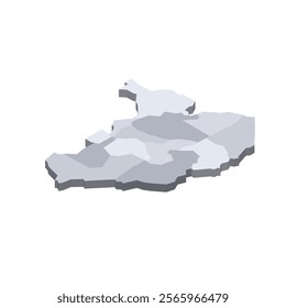 South Sudan political map of administrative divisions - states, administrative areas and area with special administrative status. 3D isometric blank vector map in shades of grey.