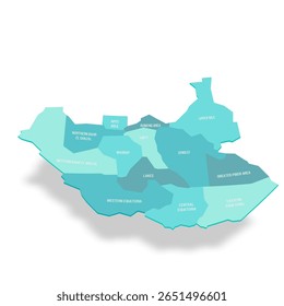 Mapa político de divisões administrativas do Sudão do Sul - estados, áreas administrativas e área com status administrativo especial. Mapa de vetor turquesa 3D com rótulos de nome.