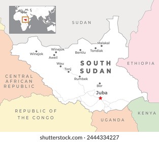 South Sudan Political Map with capital Juba, most important cities with national borders