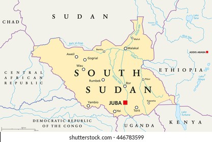 South Sudan political map with capital Juba, national borders, important cities, rivers and lakes. Illustration with English labeling and scaling.