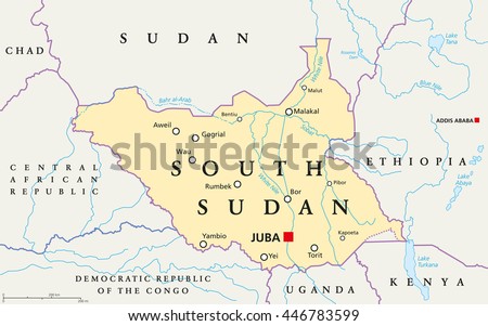 South Sudan political map with capital Juba, national borders, important cities, rivers and lakes. Illustration with English labeling and scaling.