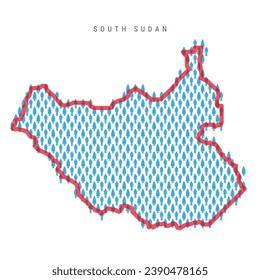 South Sudan population map. Stick figures Sudanese people map with bold red translucent country border. Pattern of men and women icons. Isolated vector illustration. Editable stroke.