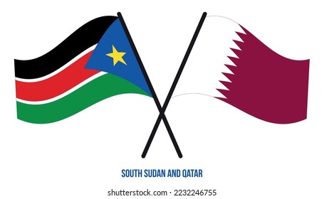 South Sudan and Qatar Flags Crossed And Waving Flat Style. Official Proportion. Correct Colors.