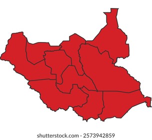 South Sudan red map with border of regions outline vector
