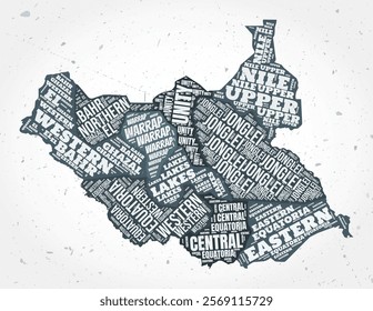 South Sudan regions word cloud in a typographic style, shaped like the country on a textured background. Creative vector illustration.