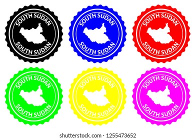 South Sudan - rubber stamp - vector, Republic of South Sudan map pattern - sticker - black, blue, green, yellow, purple and red