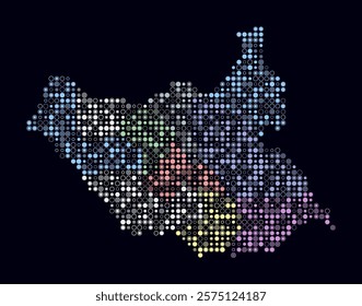 South Sudan, shape of the country build of colored cells. Digital style map of the South Sudan on dark background. Small size circle blocks. Creative vector illustration.